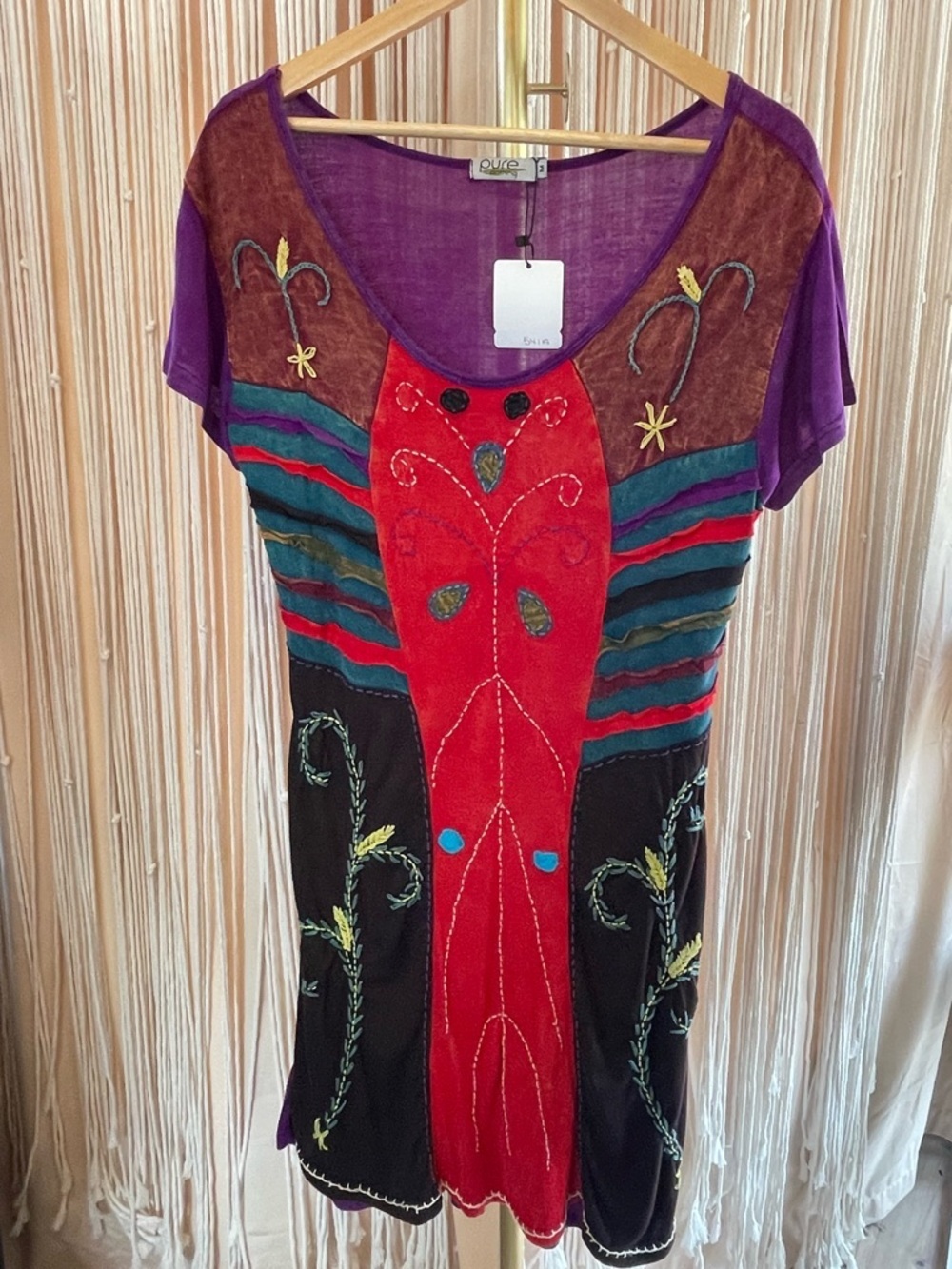 1990s vintage patchwork tunic mini dress wearable art red purple small S - Picture 9 of 9